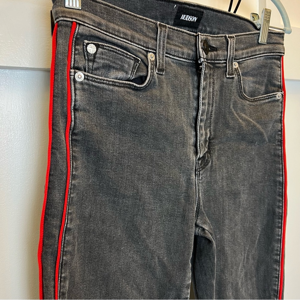 Hudson Jeans Women Size 26 SHORT Zoeey High Rise Ankle Straight Black Red Stripe